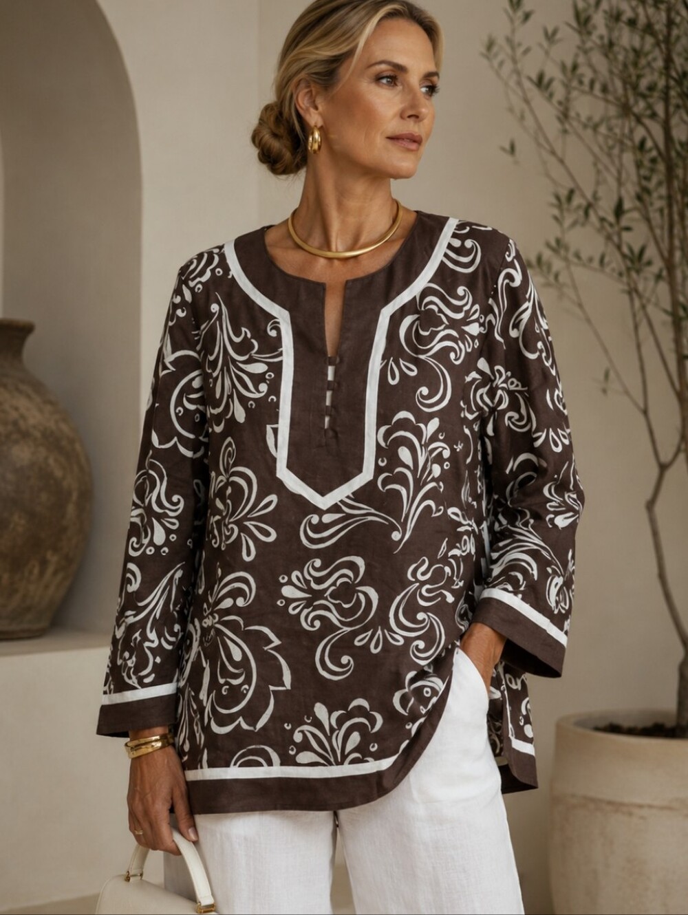 Linen Scroll Pattern Tunic Brown/ White. Old Money Quiet Luxury. Sz 8